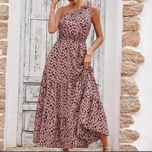 “Pretty Garden” (NWT) Black/Pink Floral One Shoulder Ruffle Dress Women's SZM